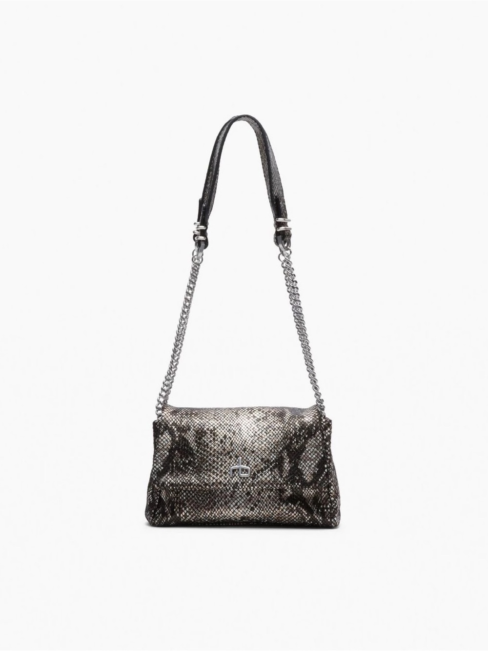 Metallic Snake-Print Shoulder Bag - Black/Silver